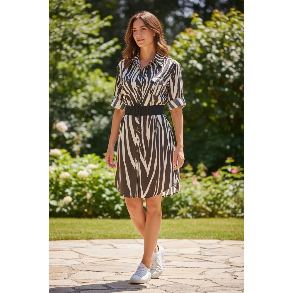 Antonio Melani Zebra Print Shirt Dress Belted Safari Style Size 10